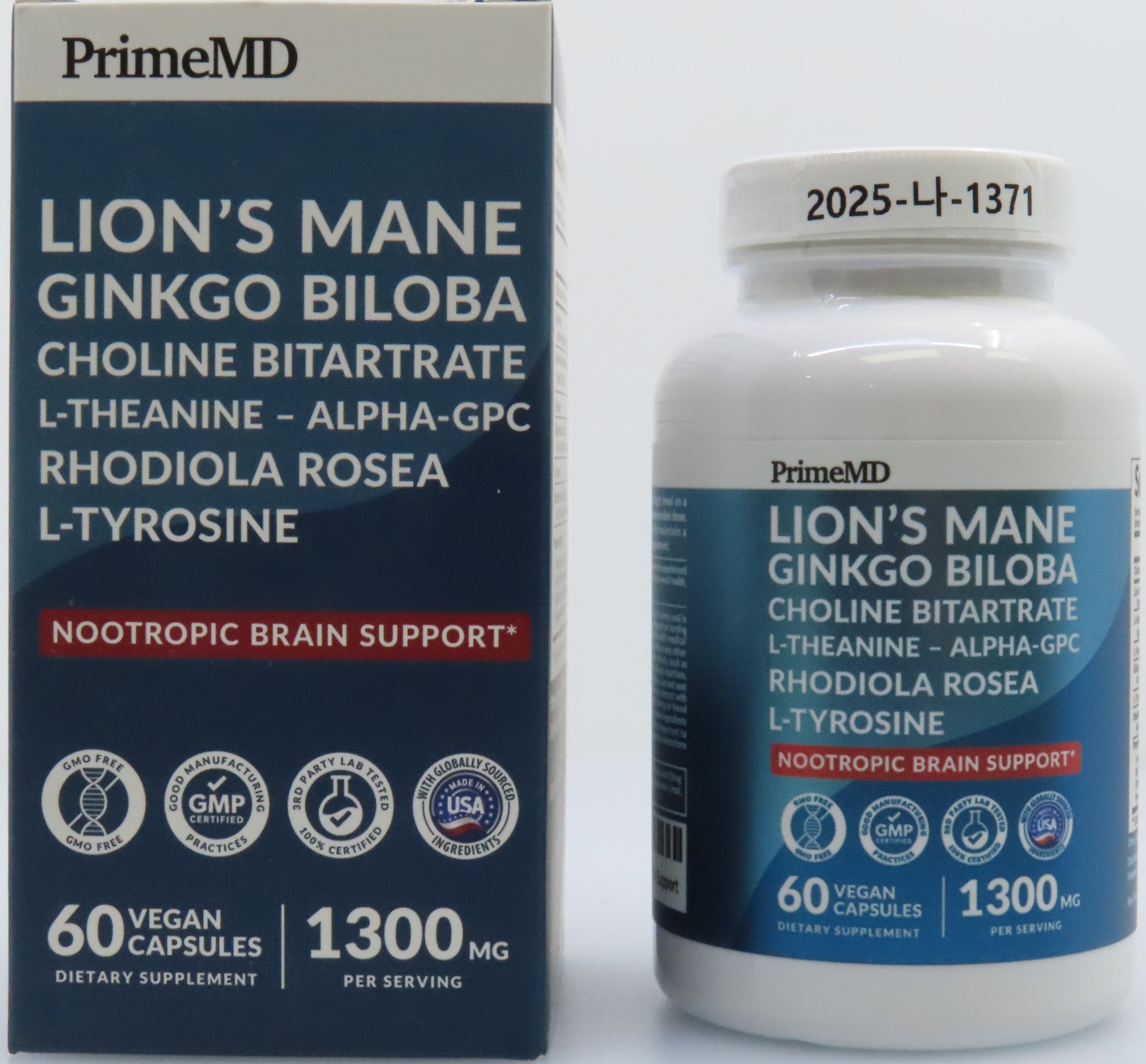 PrimeMD Lion's Mane Ginkgo Biloba Choline Bitartrate L-Theanine-Alpha-GPC Rhodiola Rosea L-Tyrosine 1300 mg_1.jpg